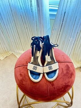 AUTHENTIC CHANEL Black and Beige Espadrille Lace-Up Wedge Sandals